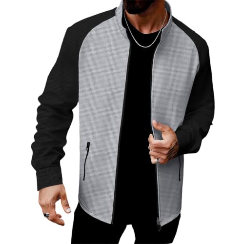 Image of Generisch Men's Quilted Jacket Transition Jacket Spring / Autumn Waffle Pattern Leisure Lightweight Jackets Stand-Up Collar Colour Block Heavyweight Long Sleeve Sports Jacket with Pocket, 01-grey, XL