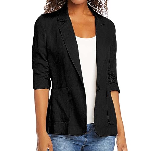 Linen Blazer Jackets for Women UK Clearance Casual Summer Lightweight Cardigan Plus Size Half Sleeve Office Pockets Lapel Blazer Fully Ladies Plain Open Collared Office Formal Tops UK Size S-5XL - Image 4