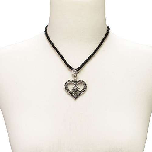 Bavarian drawstring cord necklace with rhinestone Edelweiss heart, Ladies costume jewelry, traditional german pendant necklace for Dirndl, Leather trouser, Oktoberfest (black)3