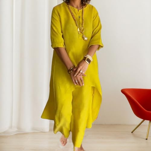 Women 2 Piece Linen Set Solid Color Long Sleeve Irregular Hem Top and Wide Leg Pants Trousers Suits2
