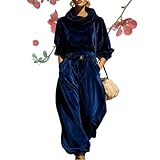 【Design】Ensemble 2 pièces en velours pour femme avec haut à manches longues et pantalon à jambe large taille haute (survêtement rétro décontracté avec poches). La silhouette ample assure un confort tout au long de la journée, un pantalon taille haute accentue la taille, le design assorti permet d'économiser du temps de coiffage