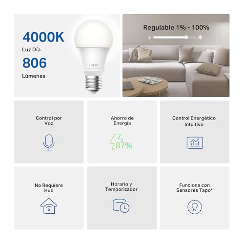 Miniatura 2 de Tapo Tp-Link L520e - Bombilla Led Inteligente, Bombilla Wifi Sin Necesidad De Hub, Blanco Neutro 4000k, Regulable,E27, 8.7w 806lm, Compatible Alexa, Echo Y Google Home