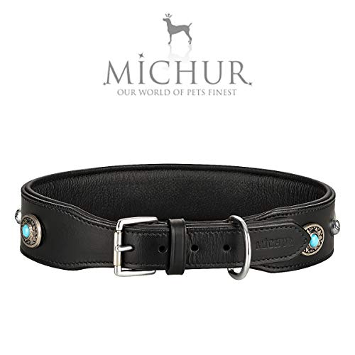 MICHUR Alonzo Hundehalsband Leder Schwarz Breit, Lederhalsband, Halsband, Blaue Steine MIT RUNDNIETEN, in verschiedenen Größen erhältlich