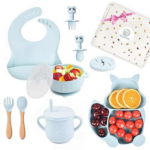 Image of Cozychoice Silicone Baby Feeding Set, 8 Pieces Baby Led Weaning Supplies, Baby Suction Plate, Adjustable Bib, Drink/Snack Lid Cup, Non-Slip Bowl with Lid, 1st Age and 2nd Age Spoon/Fork (Pastel Blue)