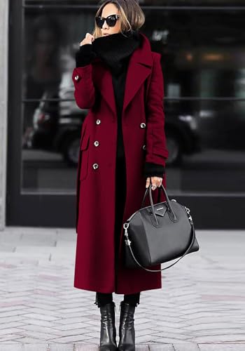 chouyatou Women's Winter Double Breasted Wool Coat Business Casual Long Winter Pea Coat with Belt2