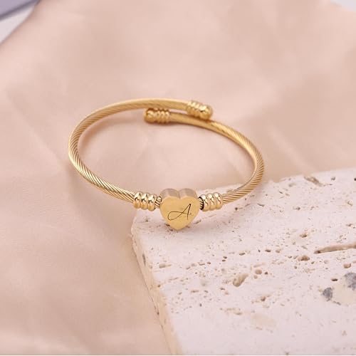 Image of MYNENEY Gold /Rainbow Stainless Steel Bangles Jewery for Birthday Halloween Heart Initial A-Z Letters Bracelets for Girls