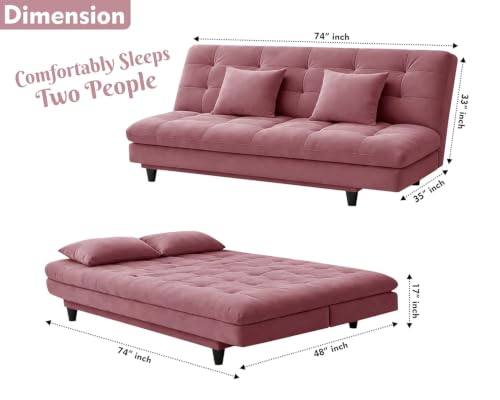 Image of Velvet Fabric Wooden 3-Seater Apsen Sofa Bed with Tufted Couch with Adjustable Backrest- Living Room Furniture-Rose Pink-Color
