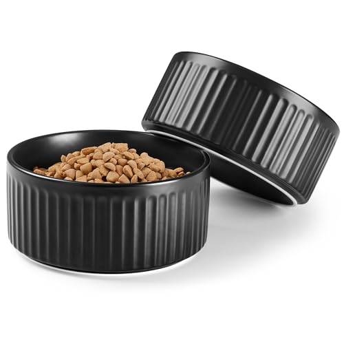 Wellbro Non-Slip Ceramic Dog Bowls 6 Dog Food and Water Bowl Set with Silicone Base 32oz/4cups Weighted Flip-Proof Pet Feeding Bowl for Medium Dogs (Medium Black)