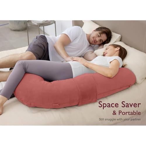 Image of J-Shaped Sleeping Pregnancy Pillow| Removable Velvet Covers| PregnoCare Fibres| Baby Shower Gift, Maternity, Nursing| Full Body Soft-Support Bump, Head, Back, Shoulder, Hips, Legs and Belly(Rose Gold)