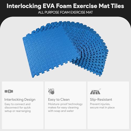 Image of BalanceFrom Puzzle Exercise Mat with EVA Foam Interlocking Tiles (Blue) | Tiles for Home Gym, Mat for Home Workout Equipment, Floor Padding for Kids, Blue, 24 in x 24 in x 3 /4 in, 96 Sq Ft - 24 Tiles