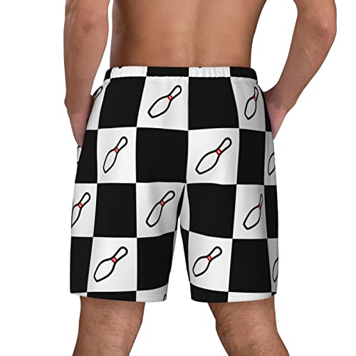 Men's Swim Trunks with Bowling Pin Pattern, Checkered Board Shorts with Liner3
