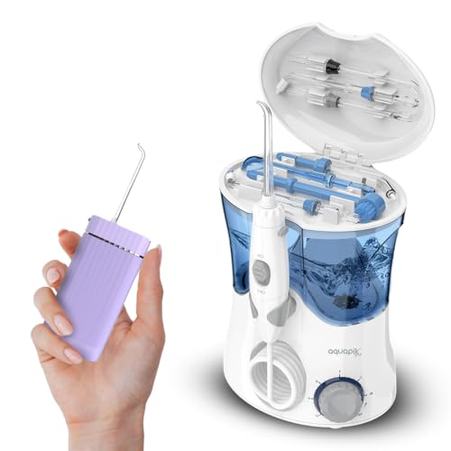 Compra Inteligente: Aquapik® Pro Irrigador dental Sobremesa + Aquapik® Mini en un Pack (Purpura - Blanco)