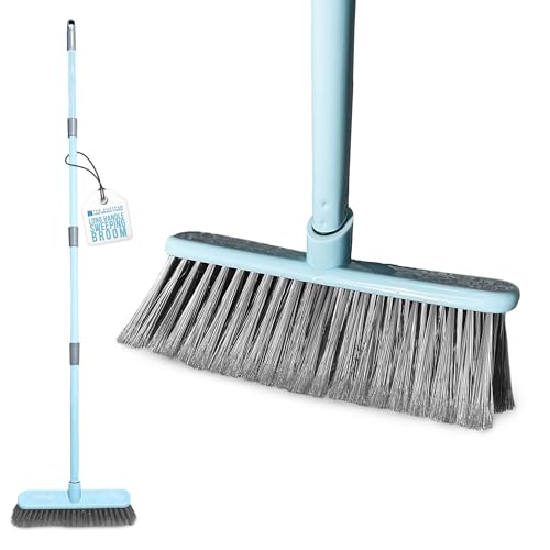 Sweeping Brush Indoor Broom - Long Handle Floor Cleaner Soft Bristles Hair Brush - Perfect use for Kitchen Bedroom Living Room Garage House Floors - Duck Egg