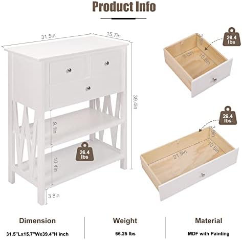 Mepplzian Console Table with 3 Drawers, Industrial Sofa Table, Entryway Table with 2-Tier Storage Shelves, Narrow Accent Table Wood Frame for Living Room/Entryway/Hallway, White