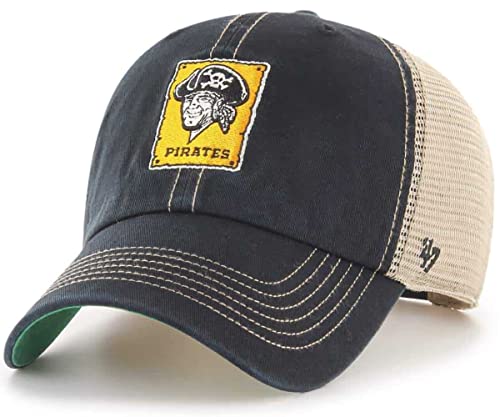 47 MLB Trawler Primary Logo Cooperstown Mesh Trucker Clean Up Adjustable Hat, Adult One Size Fits All - Pittsburgh Pirates Black