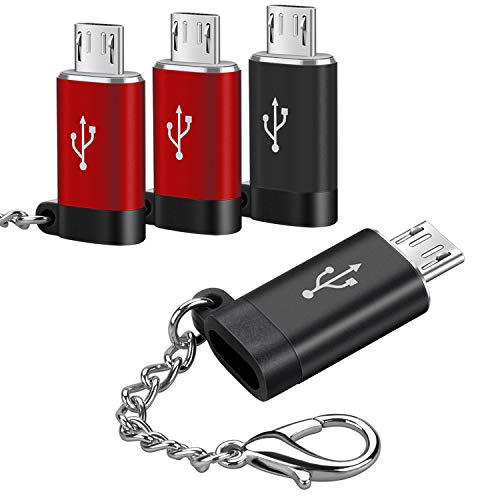 USB C Female to Micro USB Male Adapter (4 Pack),Convert Type C to Micro USB,Keychain Charger Connector Converter,Works with Smartphones,Tablets,and More Devices with Micro USB Ports,Red&Black