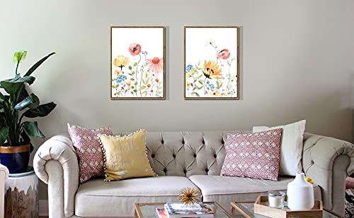 Flowers Canvas Prints Wall Art Decor Watercolor Modern Artwork Yellow White Red Wildflower Pictures 2 Panels Wood Grain Framed Floral Paintings For Bathroom Living Room Bedroom Office Kitchen 12"X 16" #TOP3