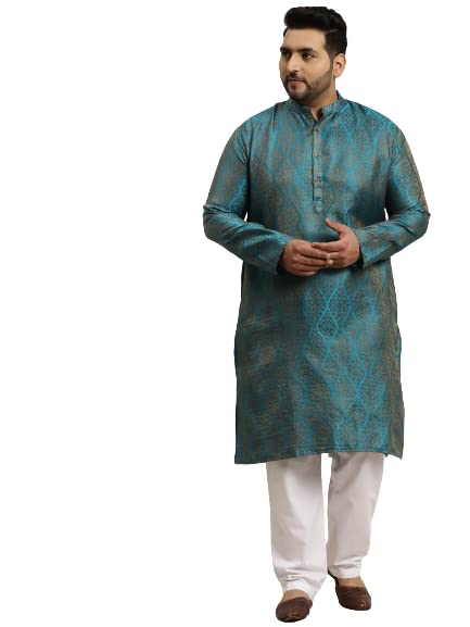 Sojanya Plus Men's Jacquard Silk Teal Blue & Gold Kurta & Off-White Churidar Pyjama Set