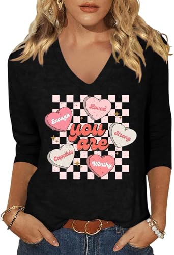 Image of Woffccrd Womens 3 /4 Sleeve V Neck T-Shirts Valentina's Day Spring Shirts Love Heart Printed Graphic Tees