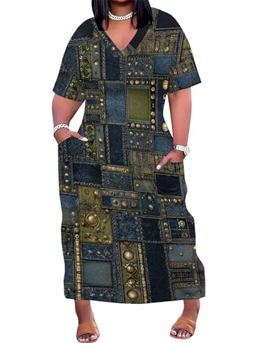 Image of SUZONANA Plus Size Denim Print Maxi Dresses for Women Casual V Neck Short Sleeve with Pockets Soft Jean Look Dress XL-6XL