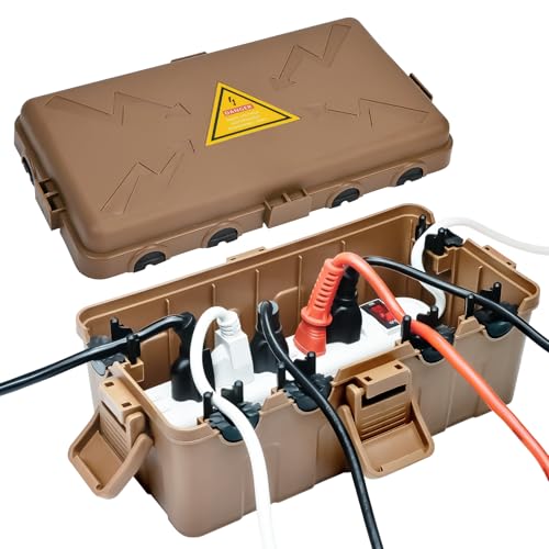 Image of Hrensaw Medium Outdoor Electrical Box(10.6x5.5x4.5inch),Weatherproof Connection Box w /6 Cable Entry,IP54 Waterproof Extension Cord Cover Protect Power Strip,Timer,Plug,Holiday Lights,Brown