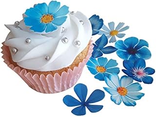 . PRE-Cut Beautiful Blue Flowers Edible Rice/Wafer Paper PRE Cut Cupcake Cake Dessert Toppers Birthday Party Wedding Baby Shower Decorations (Flowers)