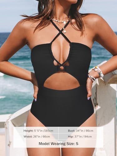 Image of CUPSHE Women's One Piece Swimsuit Plunge V Cutout Bathing Suit | Adjustable Straps, Crisscross Tunnel Drawstring, Back Hook Closure, Removable Soft Cups, Standard Coverage, Sexy Swimwear