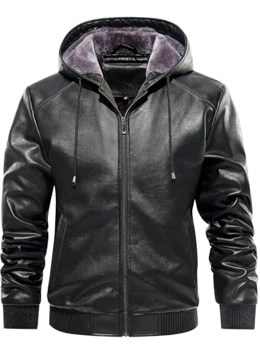 FANARCHER Men’s Faux Leather Jacket Fleece Padded Bomber Motorcycle Jacket with Hood2