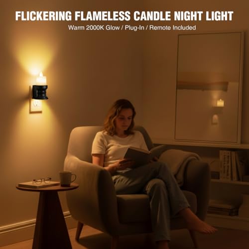 Image of Meonum Flickering Flameless Candle Night Light Plug in, Dimmable LED Nightlight with Dusk to Dawn Sensor, Decorative Candle Light for Bedroom, Hallway, Bathroom(1 Pcs,Warm Yellow & Black Base)