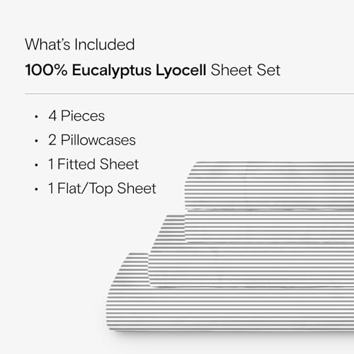 Sijo AiryWeight Tencel Sheet Set, 100% Lyocell Derived from Eucalyptus, Buttery Soft, Architectural Digest 2022 Best Cooling Sheets Winner - 4pc - 2 Pillowcases 1 Fitted 1 Top (Stripe, Cal King)