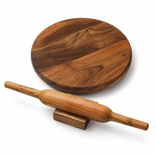 Image of Teak Wood chakla belan Set | chapati Board, (10x10x1.5 Inches) | chakla belan Stand and 2 spatulas Free I (Chakla Block Set)