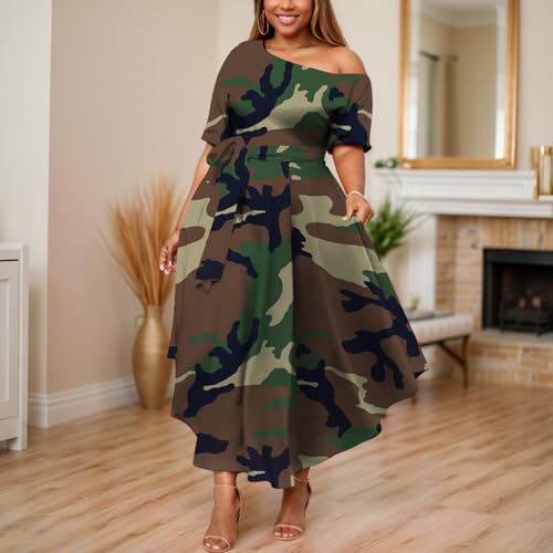 Image of Plus Size Women Wedding Guest Dress Off Shoulder Boat Neck Irregularly Flowy Midi Church Dress