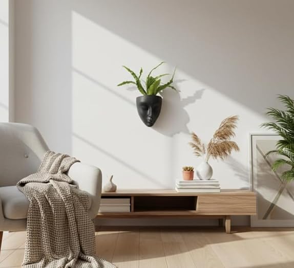 Image of Wall Mounted Face Planter Set, Black, Decorative Indoor Plant Holder, Modern Home Decor, 2 Pieces (Plastic)