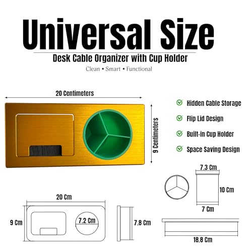 Image of Aluminum Alloy Desk Grommet - Rectangular Metal Cable Wire Hole Cover With Flip Lid & 3-Slot Multifunctional Cup For Computer Table & Furniture - Cord Organizer (200mm*90mm, Golden)