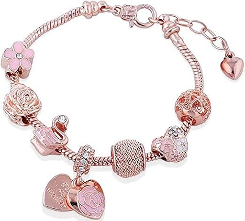 Flower Charm Bracelet Rose Gold Rhinestone Crystal Flower Heart Charm Bracelet #TOP8