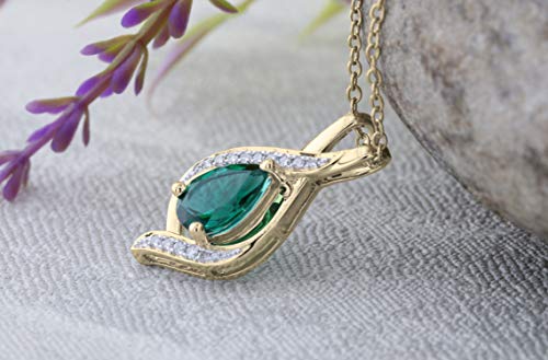 Dazzlingrock Collection 9X6 Mm Pear Lab Created Emerald & Round White Diamond Swirl Teardrop Pendant With 18 Inch Gold Chain For Women In 14K Yellow Gold #TOP3