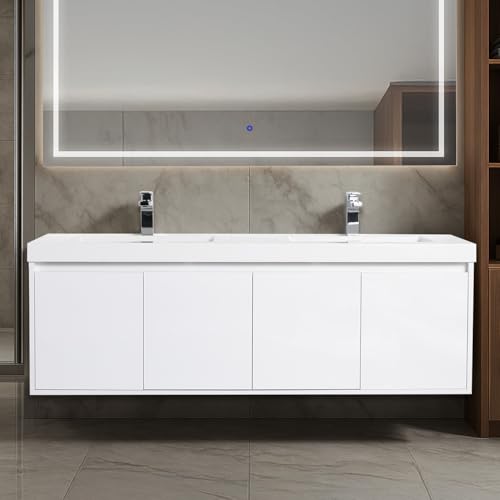 Blossom 60 Inch Double Sink Bathroom Vanity - Pre-Assembled Floating Wall Mounted Cabinet - Contractor Grade Plywood Modern Glossy White Dual Basin Master Bath Upgrade