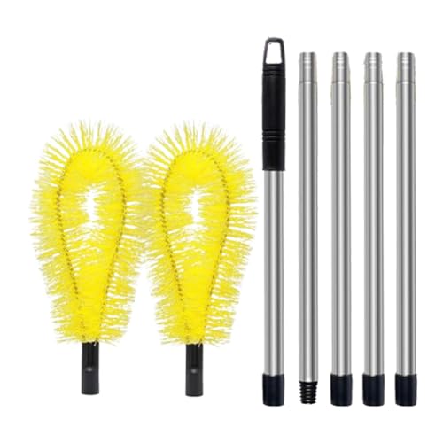 Cepillo de limpieza de canalones para techos, limpiador de canalones de techo desde el suelo con 2 cabezales de cepillo, limpiador telescópico de canalones con 5 extensiones, cepillo de canalones para