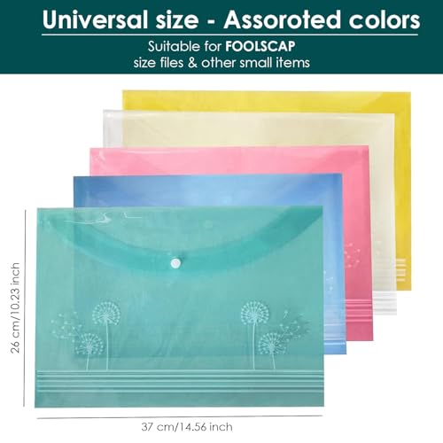 Image of Shuban Document File Folders with Snap Button Closure, Waterproof Plastic Envelope Pouches for Letter /A4 Size Paper, Assorted Transparent Colors (Style-2-Floral Dandelion Design Folder-5Pcs-Mix Color)