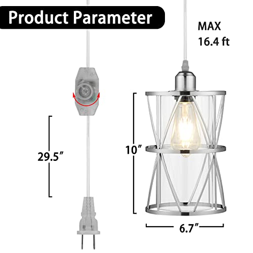 Shengqingtop Modern Brushed Nickel Metal Swag Light, Clear Glass Plug In Pendant Light With 16.4Ft Cord And On/Off Dimmer Switch, Transitional Hanging Lighting Fixture For Kitchen Island Sink Nook #TOP2