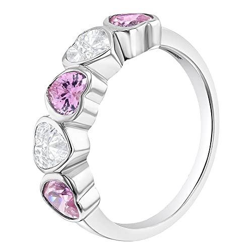 925 Sterling Silver Size 3 Pink & Clear Hearts Cubic Zirconia Ring Band For Little Girls - Cute Heart Cz Ring Band For Children's Daily Accessory - Fashionable Jewelries For Toddlers & Young Girls #TOP1