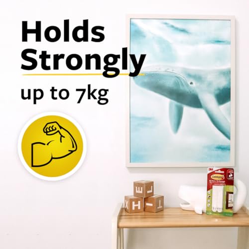 Image of 3M Command Large Picture Hanging Strips, Holds 7kg, No Paint Damage, Heavy Duty, Holds Strongly, Adhesive hooks for wall, Multi-surface, Pack of 6 (White, 8 strips each)
