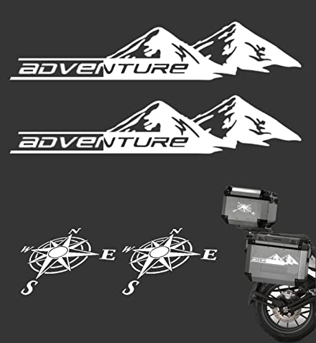 Nueva 2 pegatinas adhesivas montañas aventura de 34 cm + regalo 2 pegatinas rosas de los vientos de 15 cm maletas para moto enduro Trail off Road Sport 4x4 para coche o moto (blanco brillante)