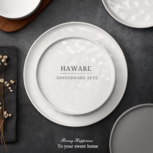 HaWare Dinnerware Sets, 12-Piece Plates and Bowls Set, Stoneware Dish Set for 4, Ceramic Dinnerware for Home Restaurant, Chip and Scratch Resistant, Microwave and Dishwasher Safe, Speckled White - Thumbnail 7