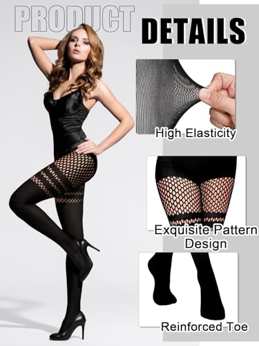 Jansun 3 Pairs Faux Thigh High Fishnet Stockings, Black Opaque Tights Women Fishnet Tights3