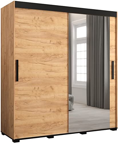 Preisvergleich Produktbild KRYSPOL Schwebetürenschrank Bergamo T2-180 Kleiderschrank, Wohnzimmerschrank, Modern Design (Eiche Kraft Gold + Schwarz, mit 2 Schubladen)