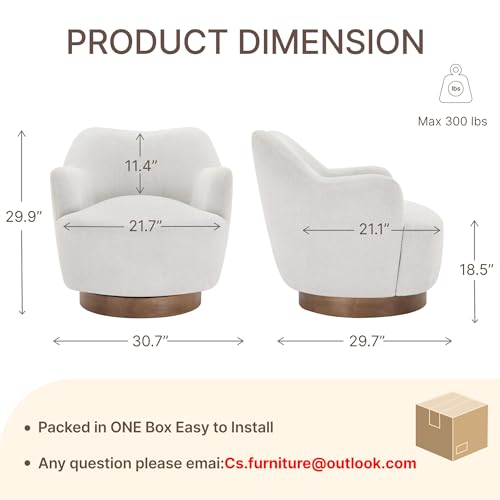 Image of KISLOT, Swivel Accent Chair, Arm Chair with Wooden Base, White, Set of 2 | Upholstered Barrel Chair with Curves Camel Back Design, Modern Arm Chair with Wooden Base, Living Room Bedroom Reading
