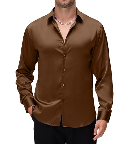 Alex Vando Mens Luxury Satin Dress Shirt Long Sleeve Silk Shiny Sateen Party Shirt