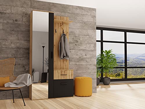 Mirjan24 Garderoben-Set Jarelin, Stylishe Kompaktgarderobe mit 2 Kleiderhaken, Stangen und Ablage, Praktischer Wandgarderobe, Flurgarderobe, Schrank, Schuhschrank (mit Spiegel, Wotan Eiche/Schwarz)