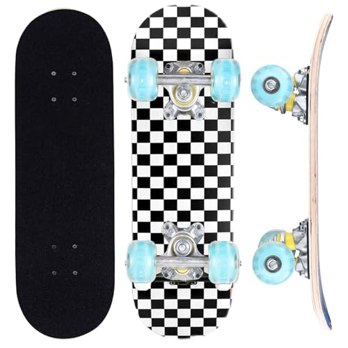 ERNAN Skateboard,Monopatín Completo Profesional de 17 x 5 Pulgadas,7 Capas Monopatín de Madera de Arce con Rodamiento ABEC-7 para Niño Niña (Black and White Check)